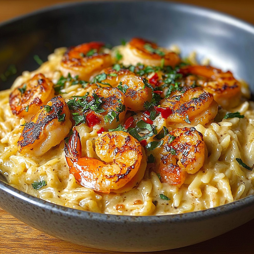 Recipe preparation for Creamy Cajun Shrimp Orzo