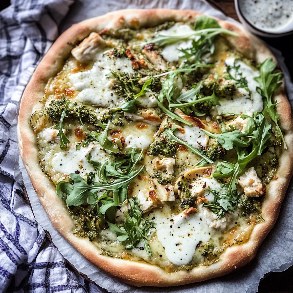 Recipe preparation for Green Goddess Chicken Pizza