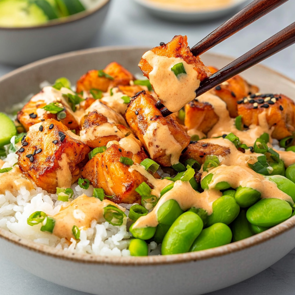 Recipe preparation for spicy salmon maki bowls