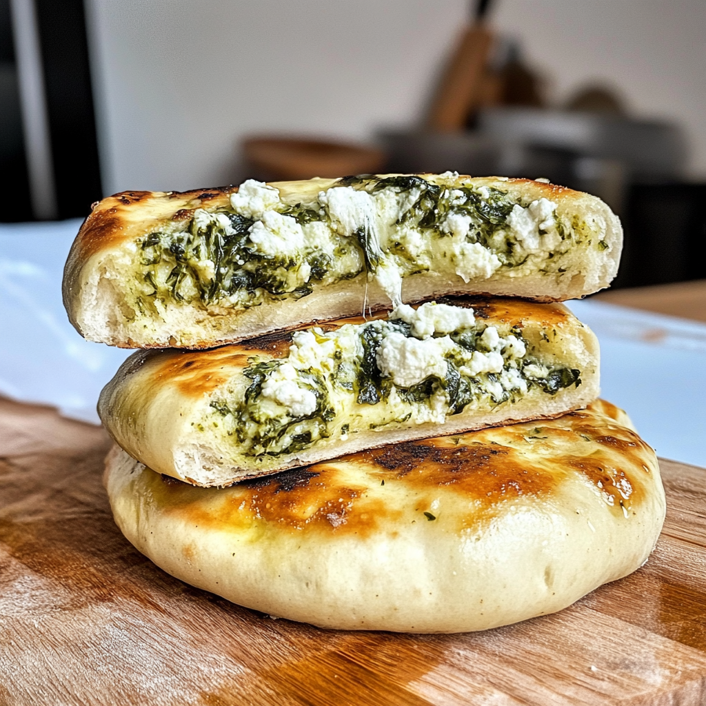 Recipe preparation for Cheesy Spinach Stuffed Flatbreads