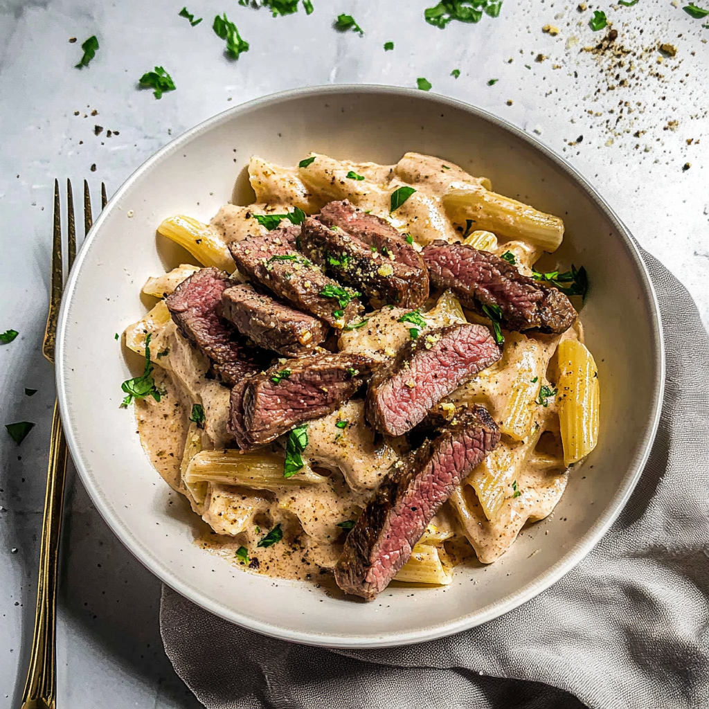 Recipe preparation for Creamy Steak Pasta