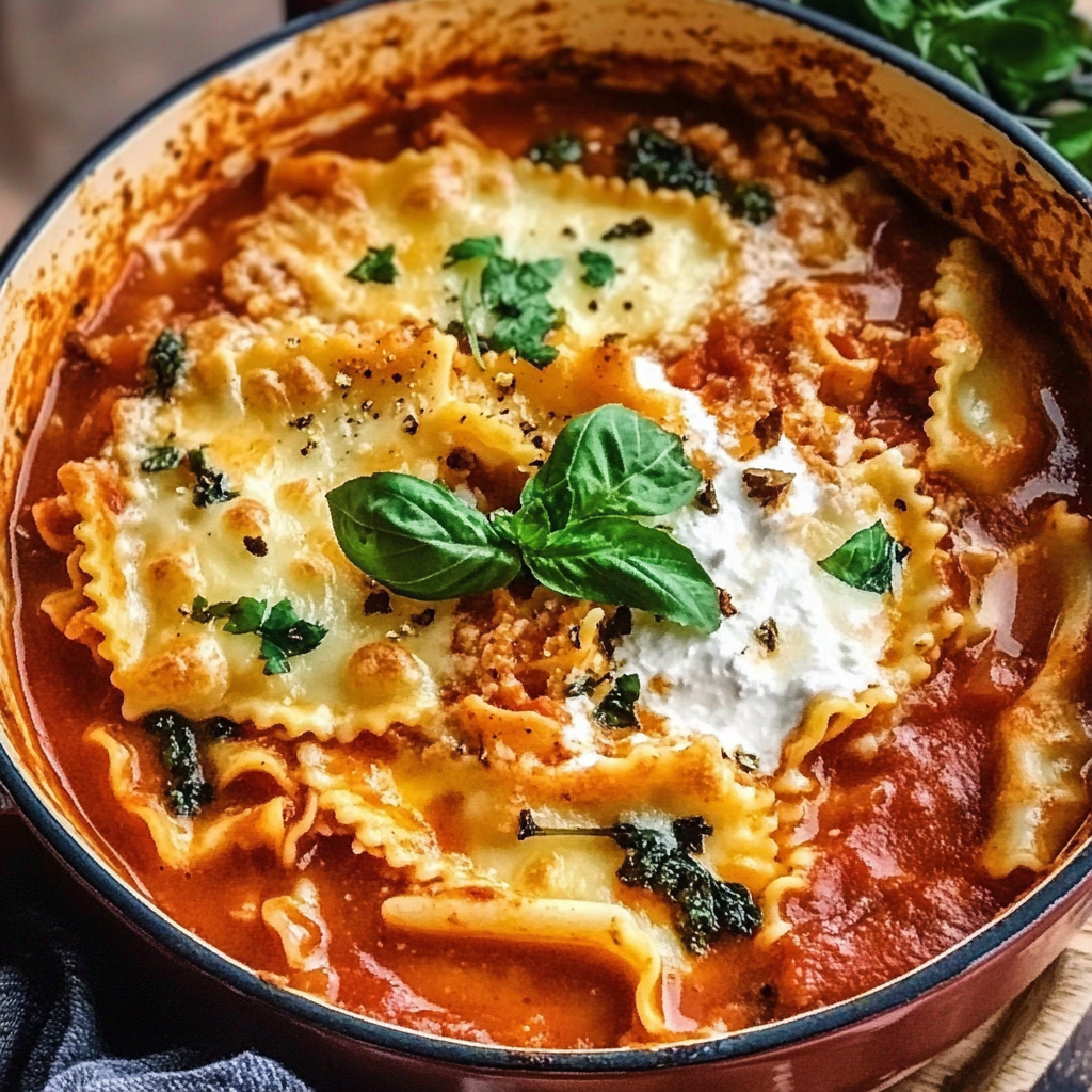 Recipe preparation for Cheesy Lasagna Soup