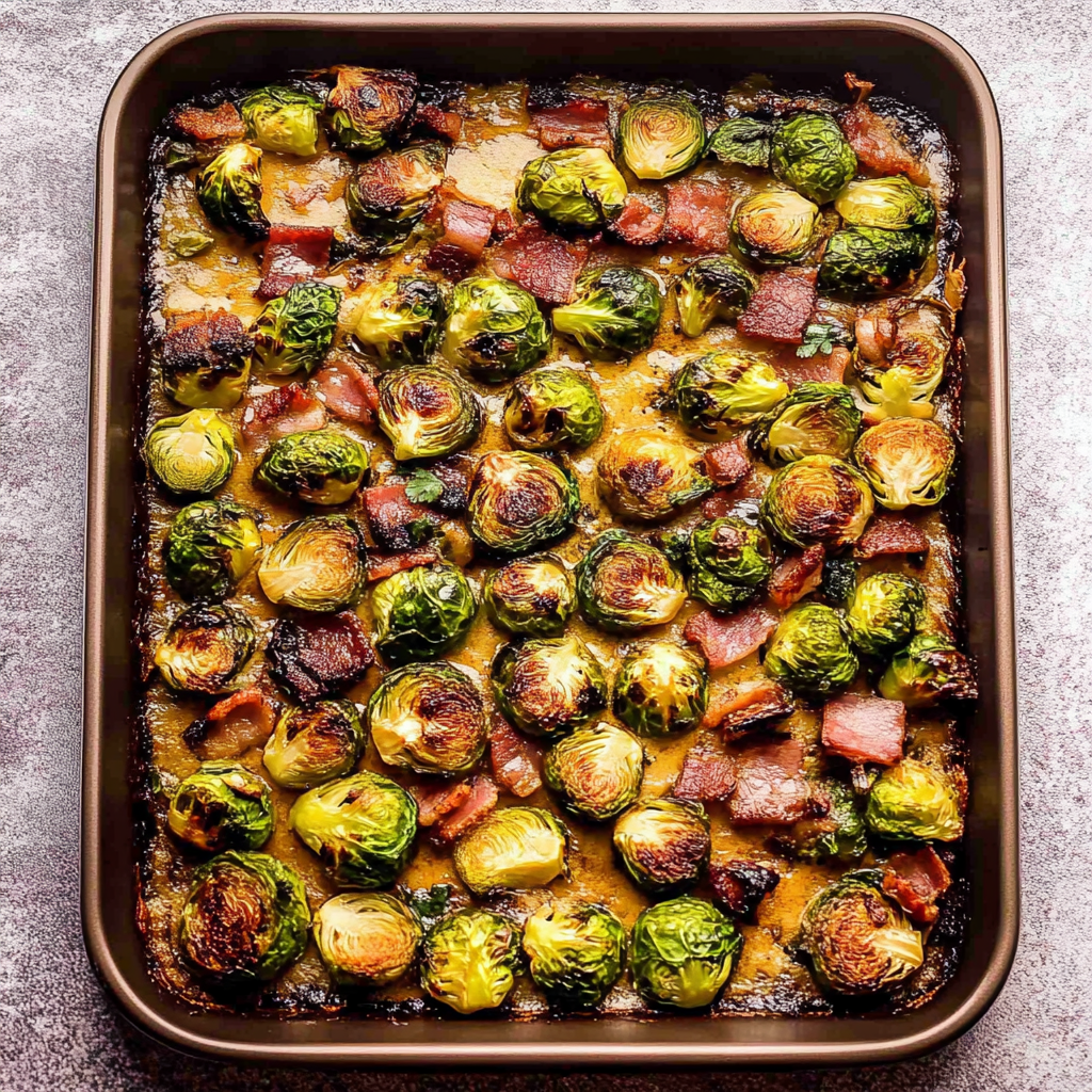 Recipe preparation for Balsamic Maple Roasted Brussels Sprouts with Bacon
