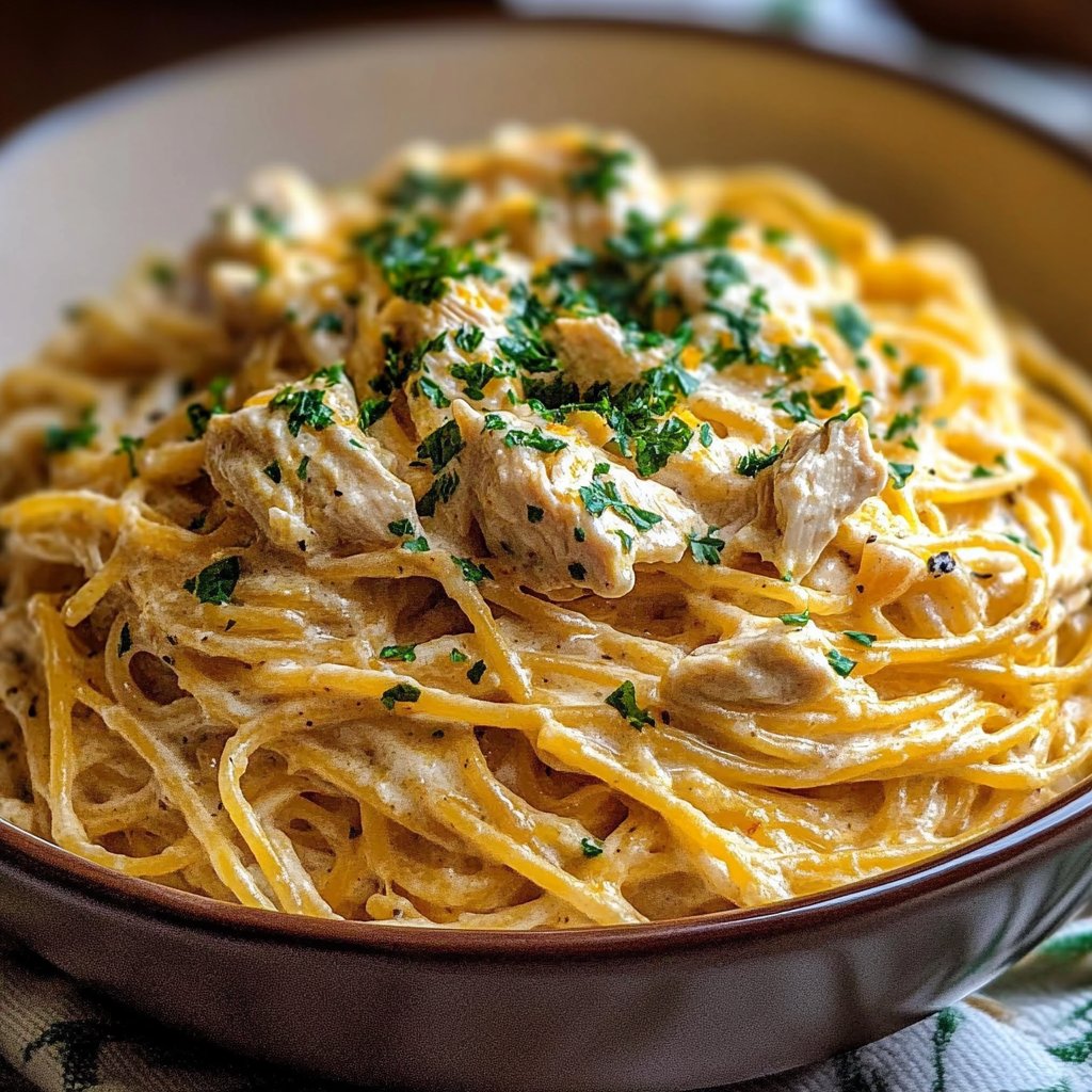 Recipe preparation for Creamy Crockpot Chicken Spaghetti