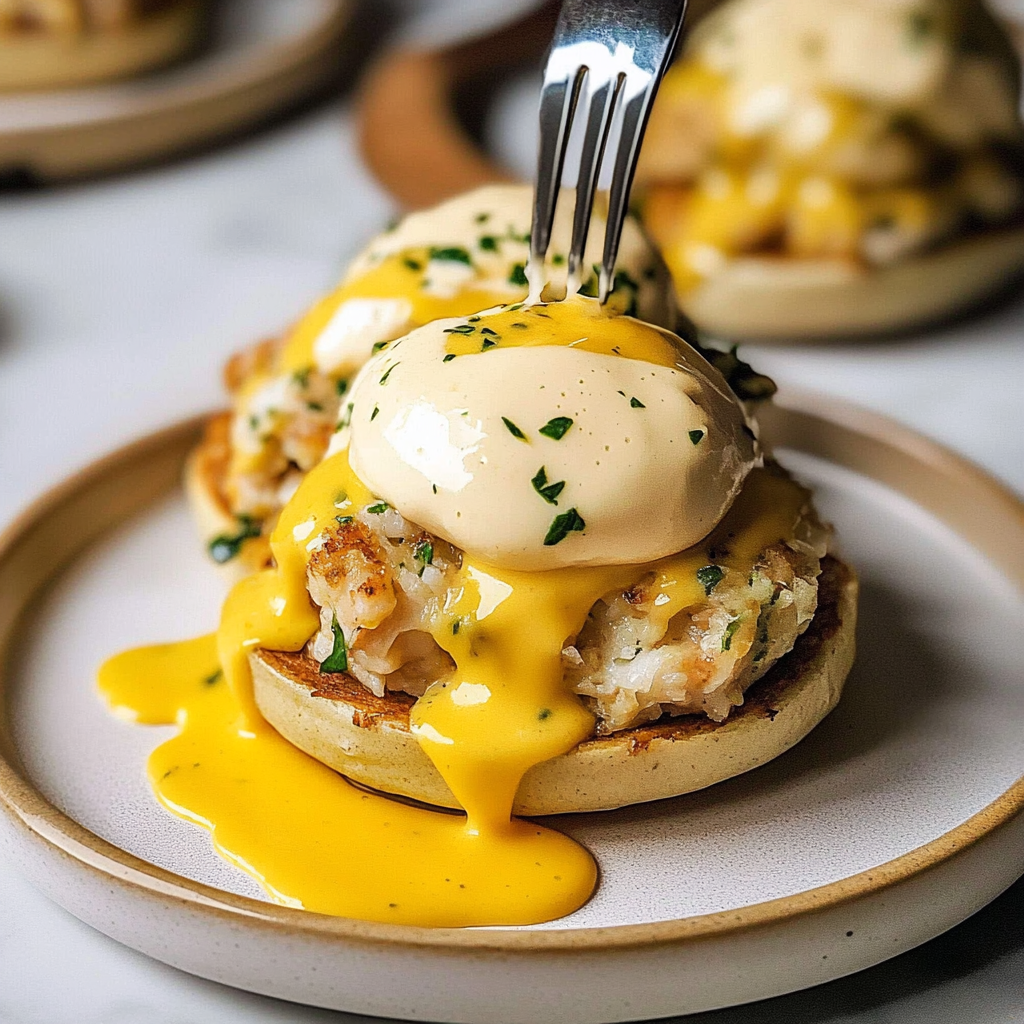 Recipe preparation for Crab Cake Benedict